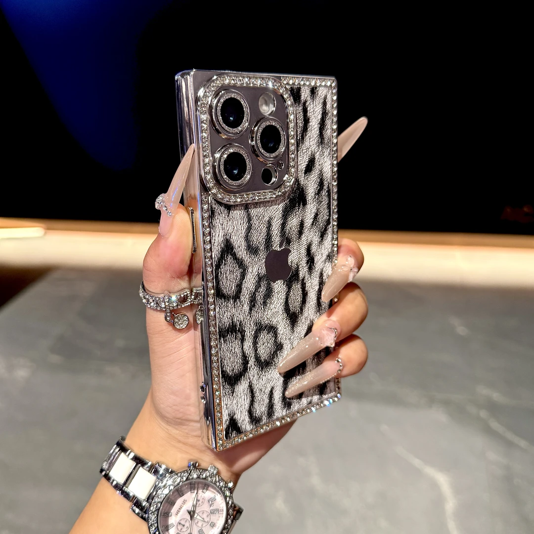 高级感豹纹镶钻适用iPhone 16promax手机壳轻奢15pro网红14女款13