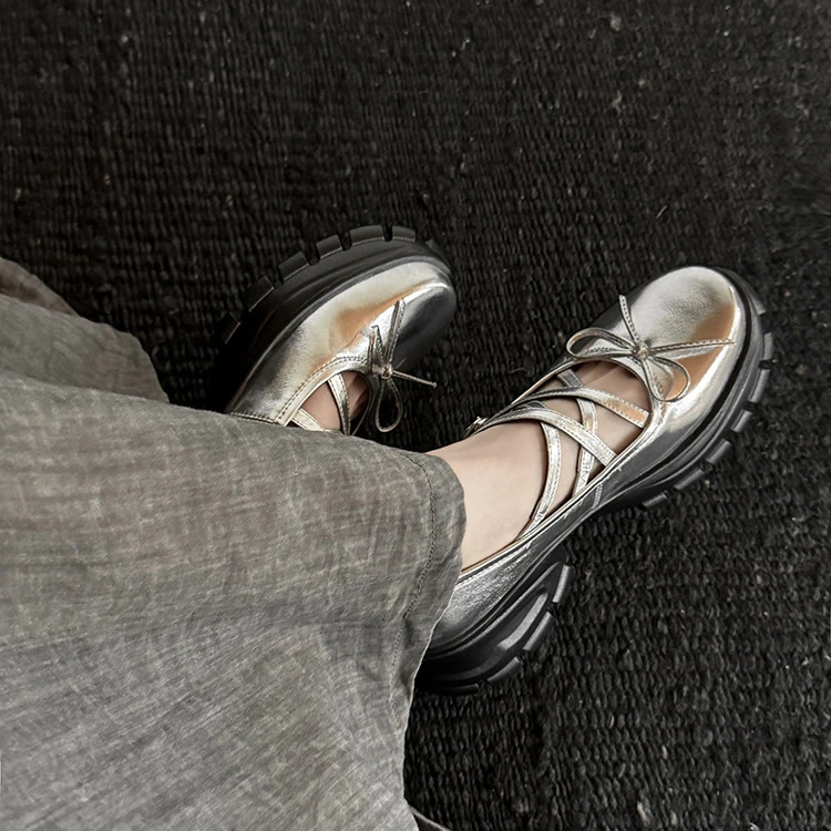 NianGaoXJ【羊皮】跟高7cm~法式小香风~蝴蝶结~交叉带甜美老爹鞋