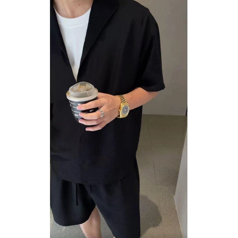 老钱风亚麻莱赛尔短袖+短裤假两件套装男款夏季轻薄速干衬衫裤子