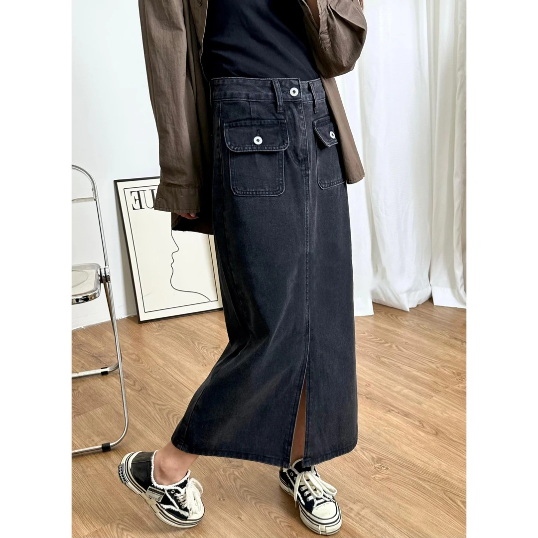 2025胖妹妹高腰显瘦牛仔半身裙大码百搭设计感中长裙复古开叉
