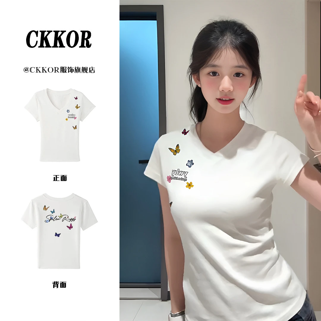 CKKOR夏季新款V领短袖t恤女韩版ins学院少女风穿搭修身显瘦上衣服