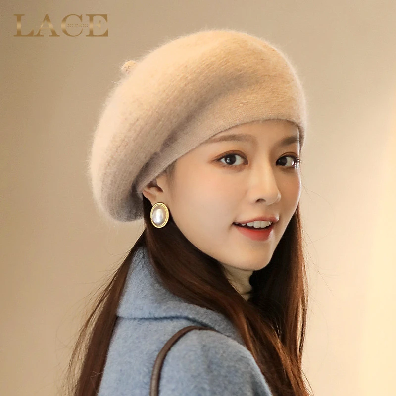 兔毛帽子女秋冬韩版保暖贝雷帽时尚百搭针织护耳毛线小香风套