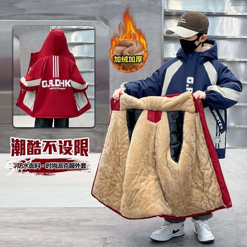 男童棉服秋冬外套儿童加厚派克服安可拉红2024冬季棉袄加绒冬装潮