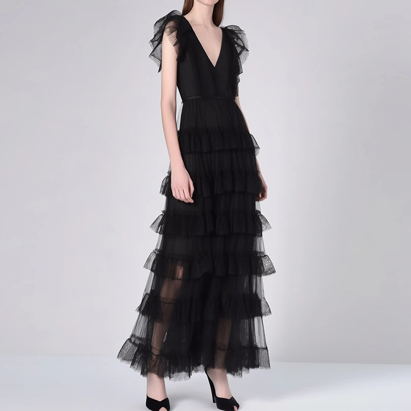 【粉丝专享】AUI气质雪纺连衣裙黑色无袖长裙秋季XX-25X019470