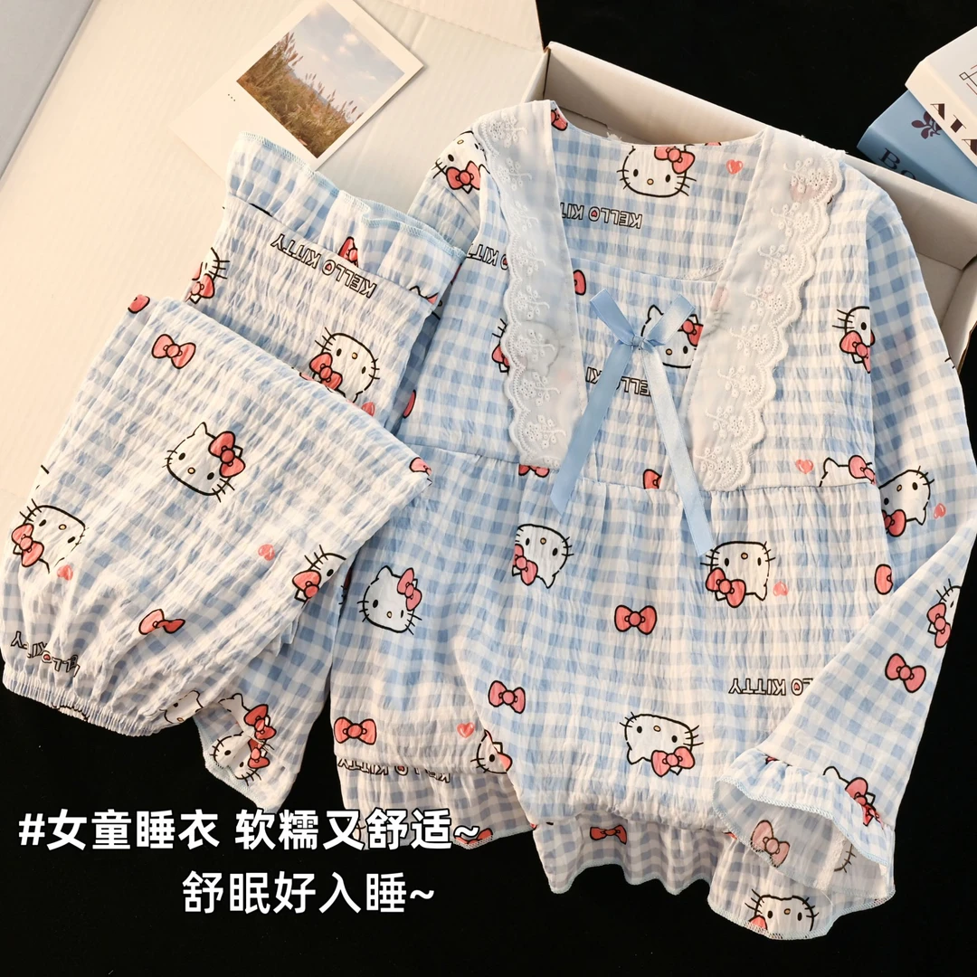 格子KT猫儿童睡衣女童长袖春秋季2025新款甜美公主风中大童家居服
