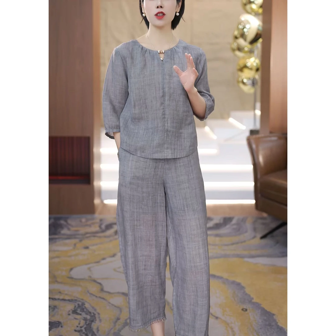 时尚休闲套装女2025夏季新款气质显瘦复古五分袖上衣直筒裤两件套