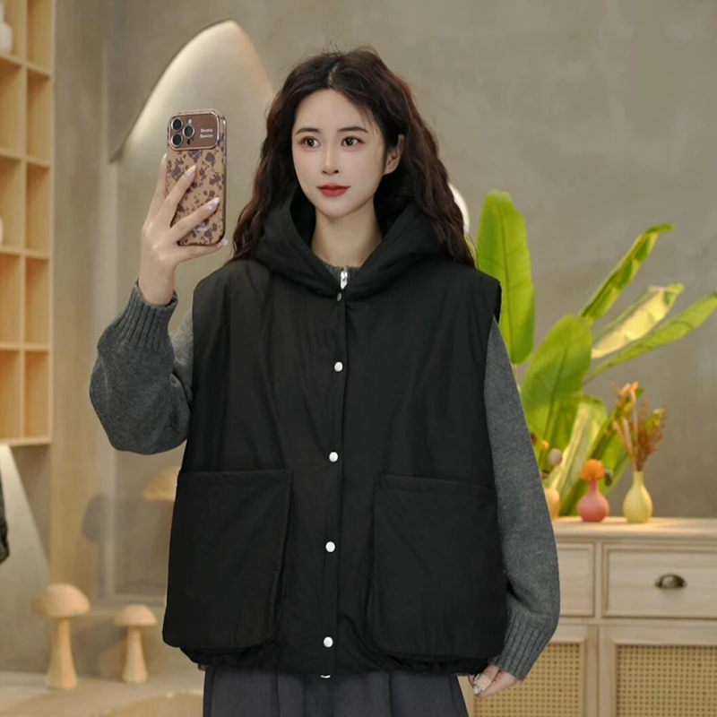 6678 冬季新款复古棉无袖双口袋连帽马甲设计感时尚百搭马夹