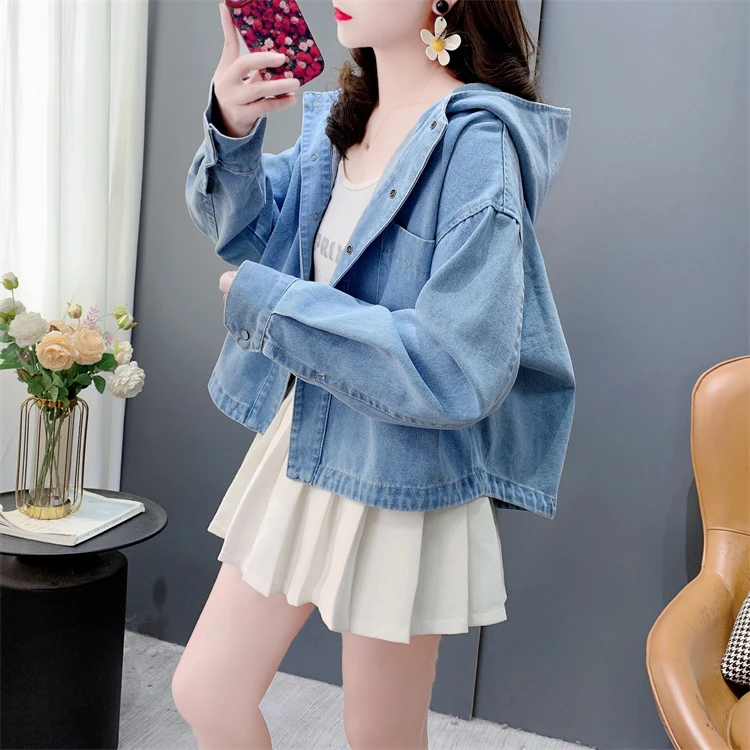 小个子短款连帽牛仔外套女春季2025新款韩版宽松百搭做旧复古上衣