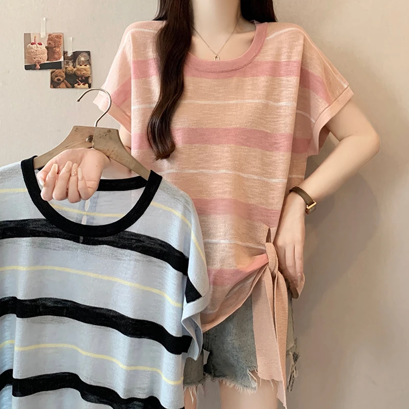 2025夏装新款微胖mm大码女条格设计感条纹飞飞袖绑带针织t恤上衣