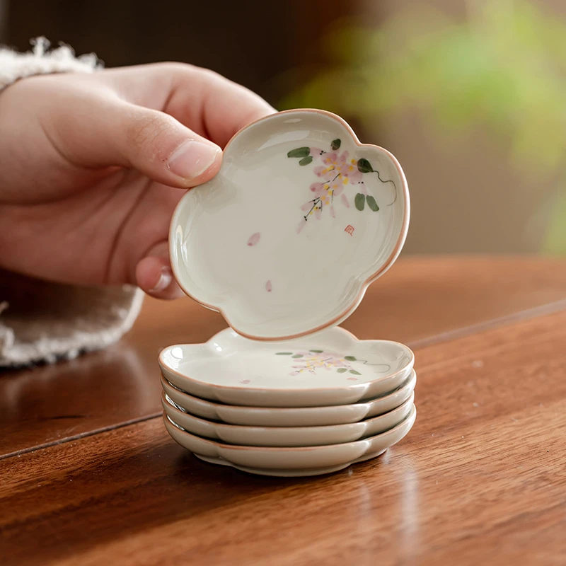 复古手绘茶托家用功夫茶具陶瓷茶道配件杯托冰台釉下紫藤花杯垫