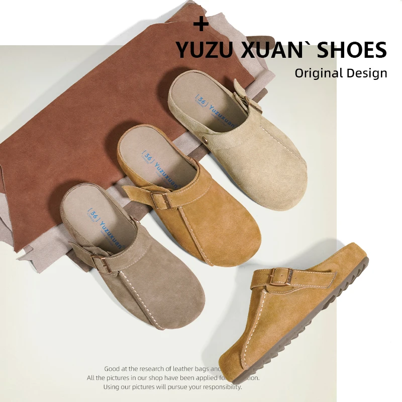 厚底勃肯鞋女包头半拖鞋外穿2025春季新款真皮懒人一脚蹬博肯女鞋