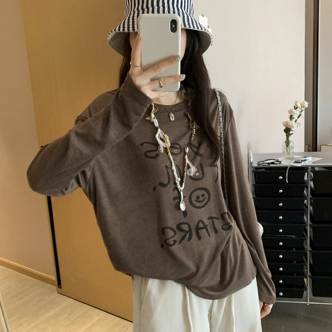 时尚韩版字母印花薄款长袖罩衫T恤女2025夏新款防晒上衣