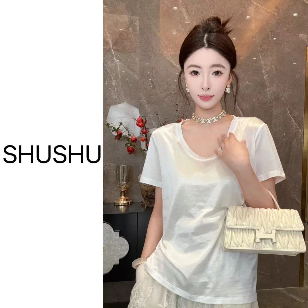 百搭简约光泽感纯色时尚显瘦气质夏季圆领设计感短袖T恤