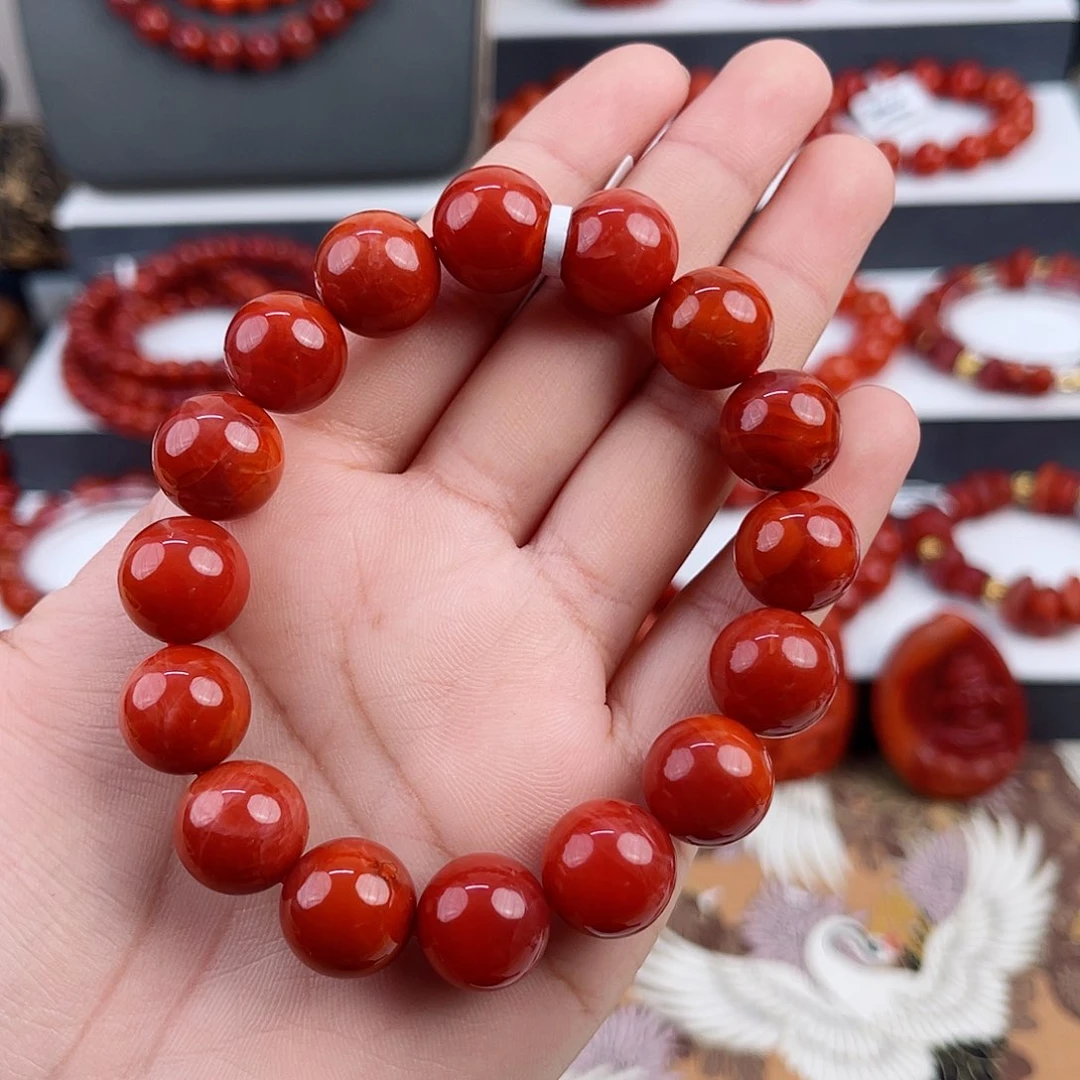 手串未镶嵌南红玛瑙瓦西锦红圆珠单圈13mm