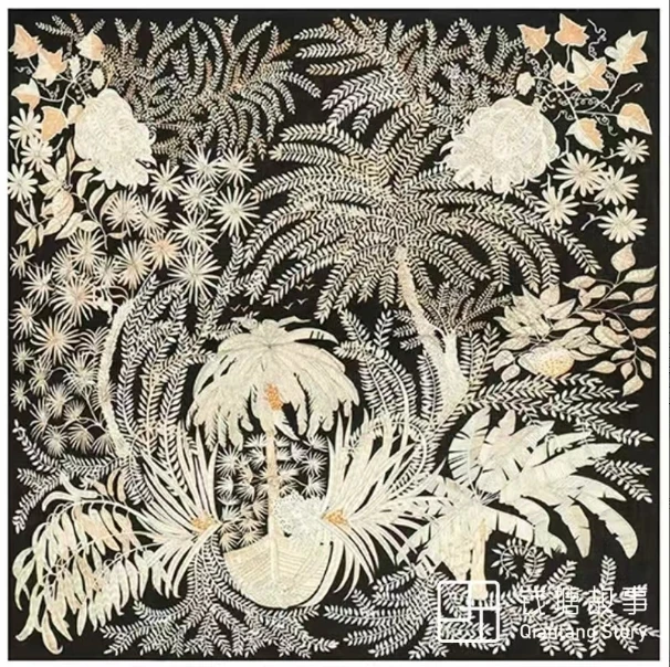 钱塘故事西丽纱-110方巾黑色画家的花园，桑蚕丝围巾108*108cm方巾