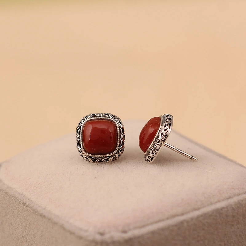 天然南红玛瑙耳钉925银镶嵌复古银饰工艺耳坠镂空时尚耳饰民族风