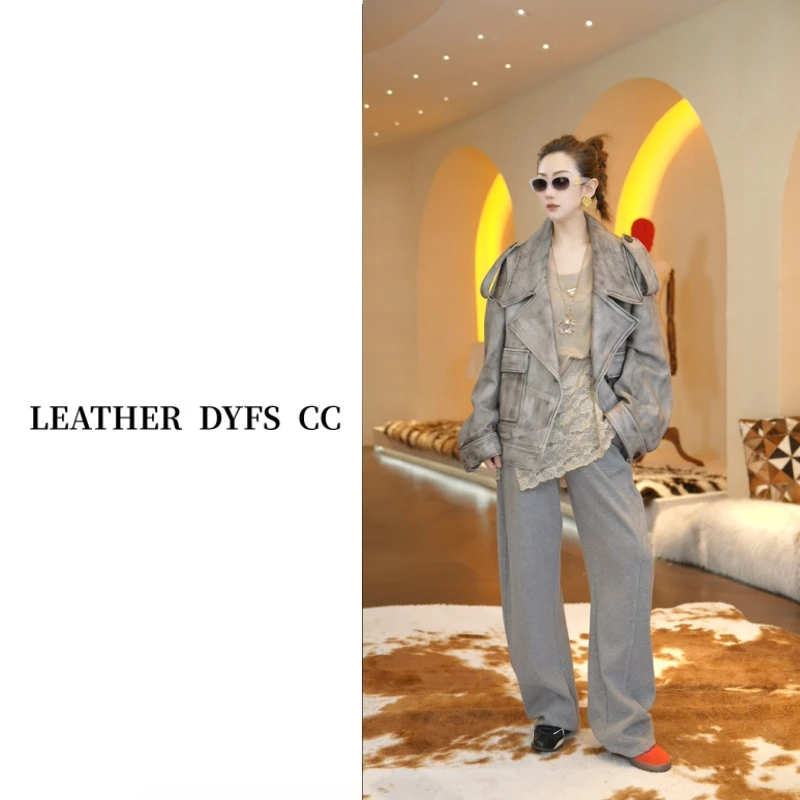 Leather Dyfs cc "水墨灰擦色 "40300高奢绵羊皮真皮头层皮女装