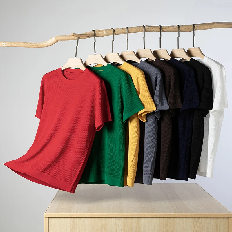 夏装短袖T恤圆领男士2025新款针织菠萝格上衣桑蚕丝休闲百搭半袖