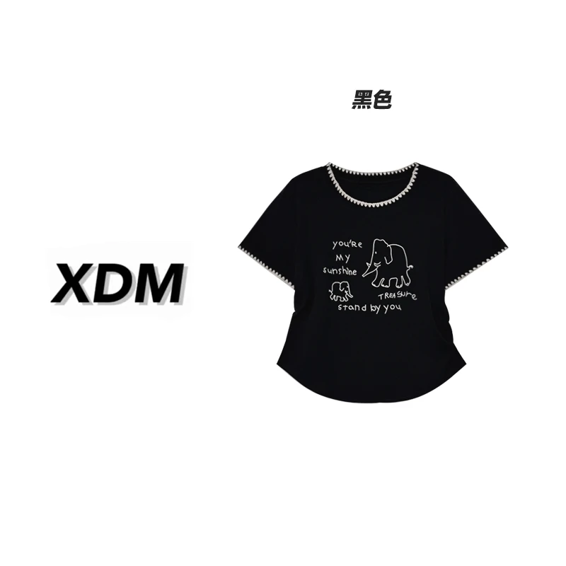 小象字母刺绣领口袖口手工缝线收腰捏褶显瘦大码女装短袖T恤3272