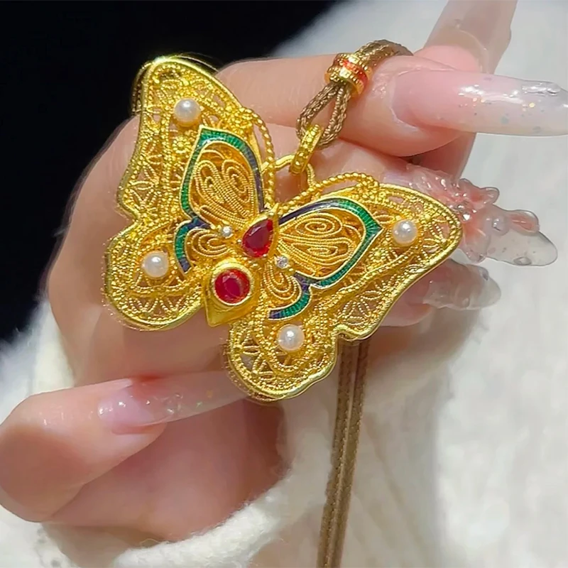 铜合金项链  新中式国潮风花丝镂空蝴蝶项链女长款衣服挂坠饰品