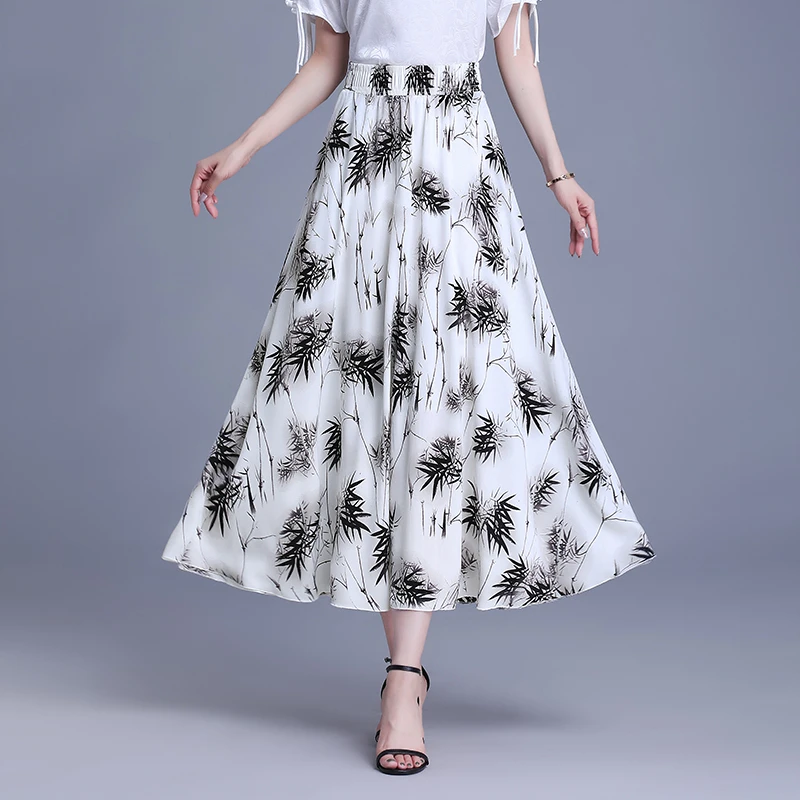 复古竹叶花长裙半身裙女夏季2025新款松紧高腰垂感显瘦大摆a字裙