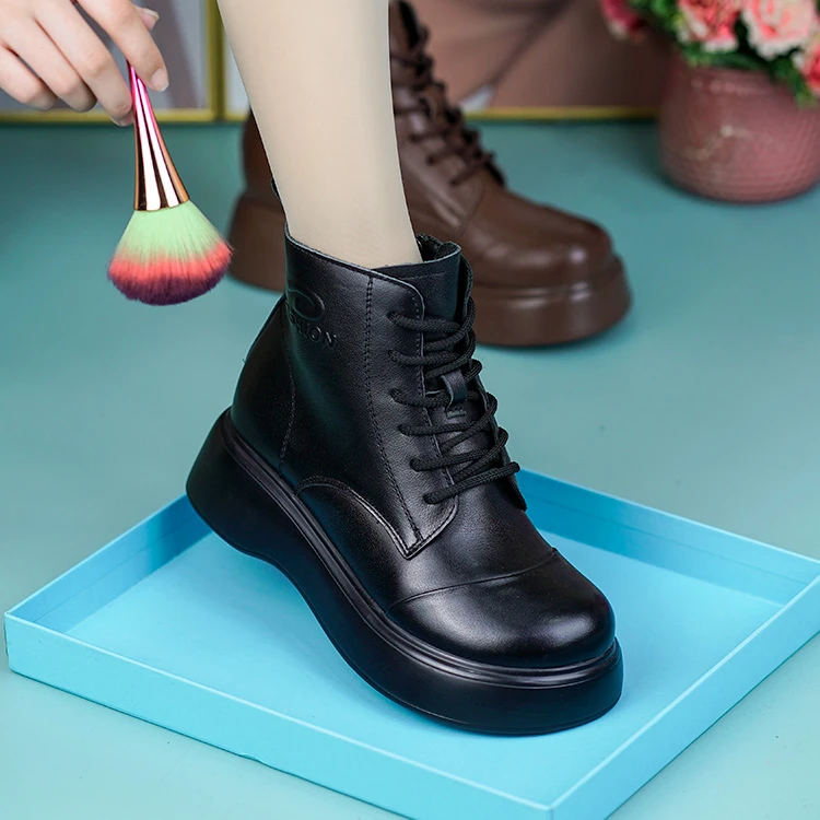 1182-1丹^秋季新款真皮英伦风百搭短靴头层牛皮松糕厚底马丁靴