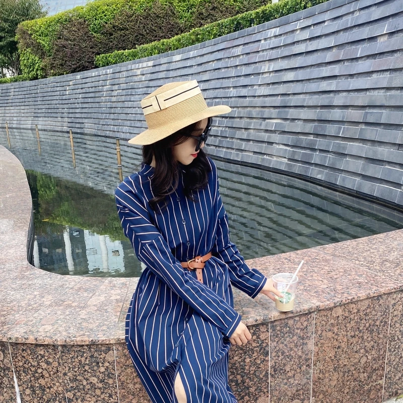 GIRDEAR/哥弟【格调】复古气质经典长袖中长款条纹连衣裙1500386