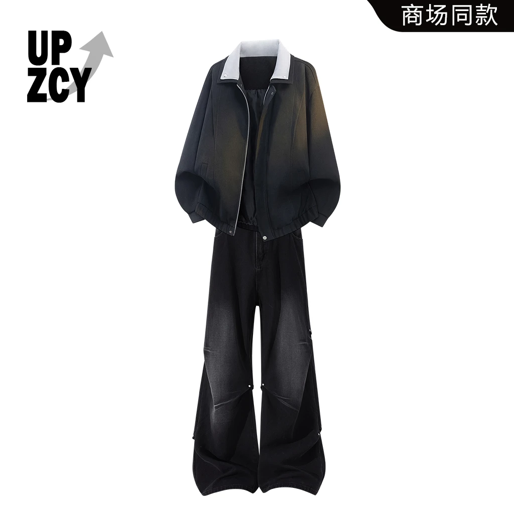 UPZCY美式复古轻奢夹克外套男秋冬宽松时尚痞帅牛仔裤两件套男装