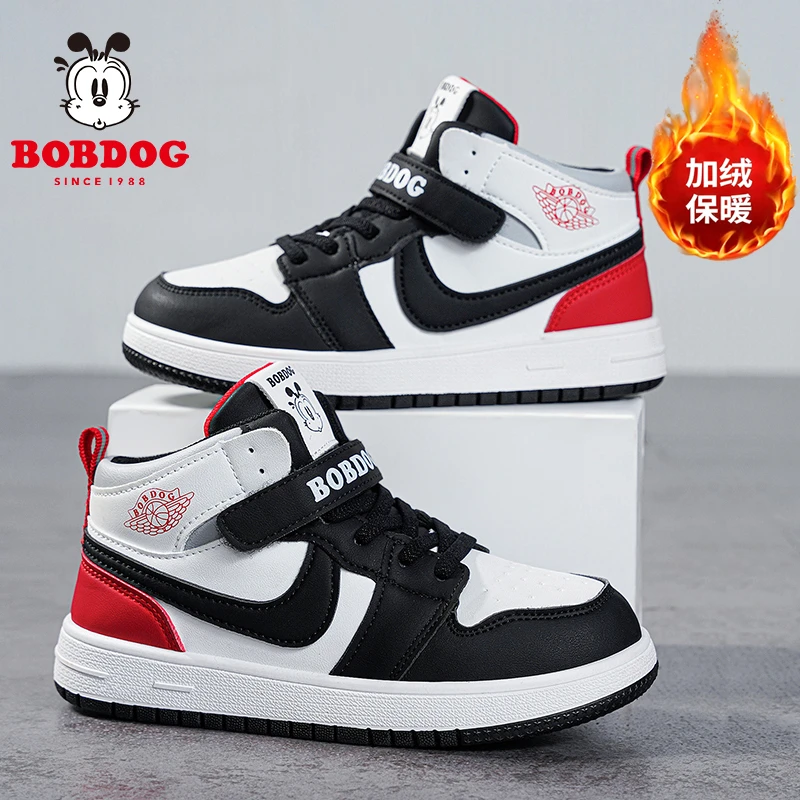 巴布豆童鞋男童加绒棉鞋秋冬女童鞋皮面防水中大童运动板鞋休闲鞋