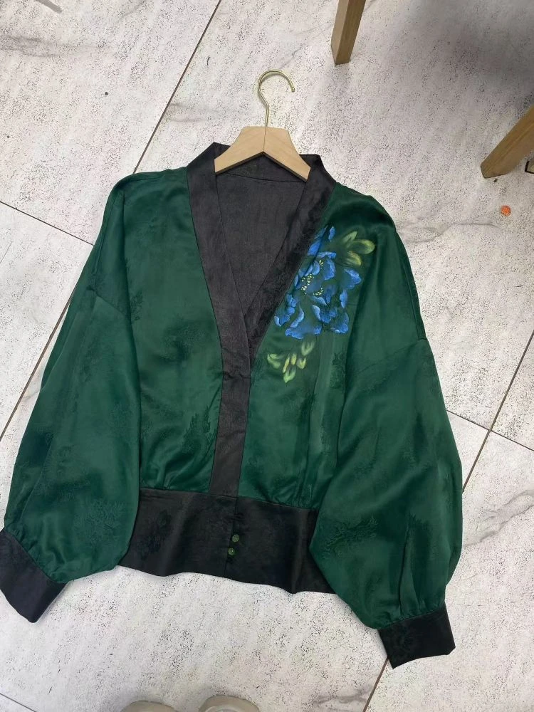 唐 缎面花萝手绘衬衫时尚百搭