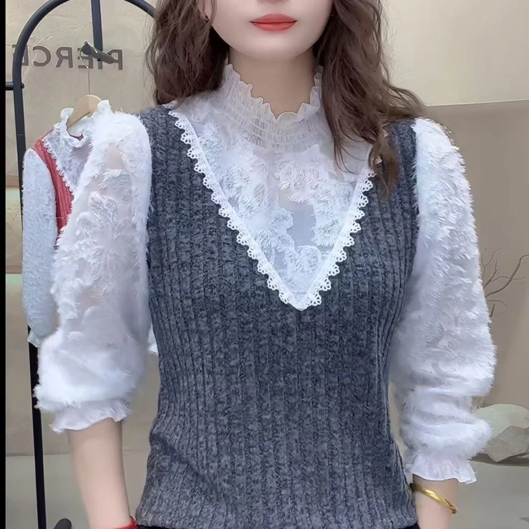 2025大码新款初春大码蕾丝打底衫拼接百搭小衫遮肚显瘦洋气上衣