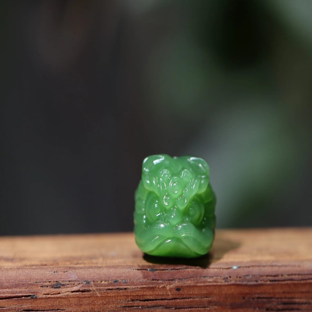 天然和田玉碧玉绿色醒狮单珠串绳配珠文玩diy配件