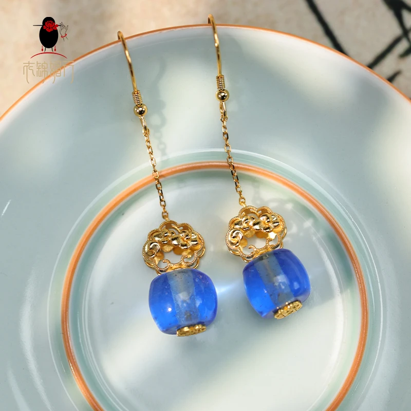 925银耳饰 衣锦媚行 925银镀金蓝琉璃如意云纹耳环