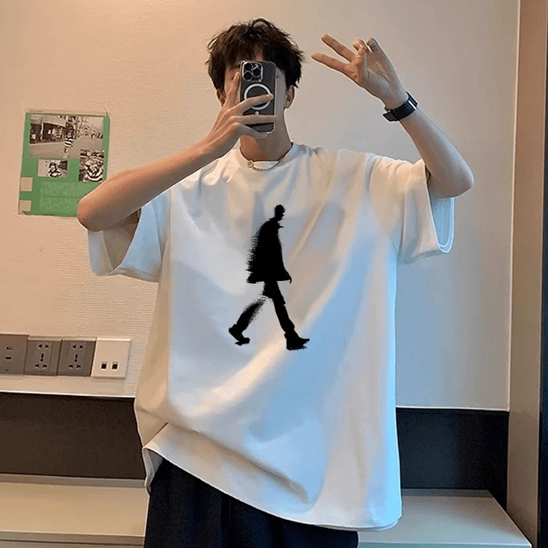 【重磅纯棉】t恤短袖男夏季新款人影印花设计感宽松圆领男生半袖潮