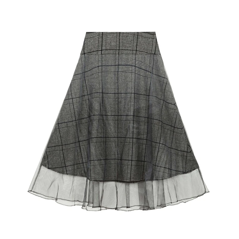 sdeer圣迪奥女装时尚气质复古高腰格纹网纱毛呢A字伞裙S23481108