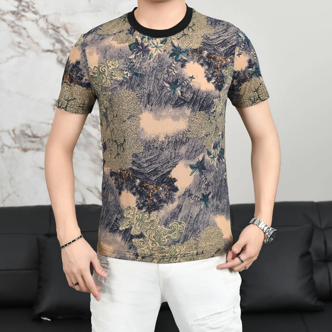 欧货男装轻奢新款翻领上衣百搭男士时尚休闲短袖常规个性男款修身