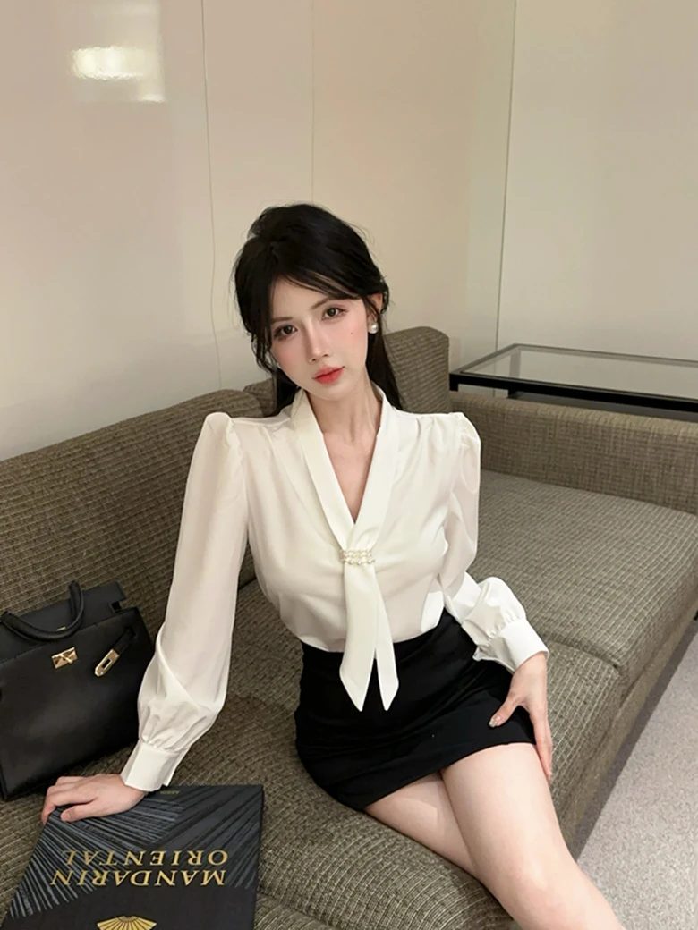 气质V领御姐轻熟风飘带衬衫包臀短裙秘书职业工作服套装女纯欲风