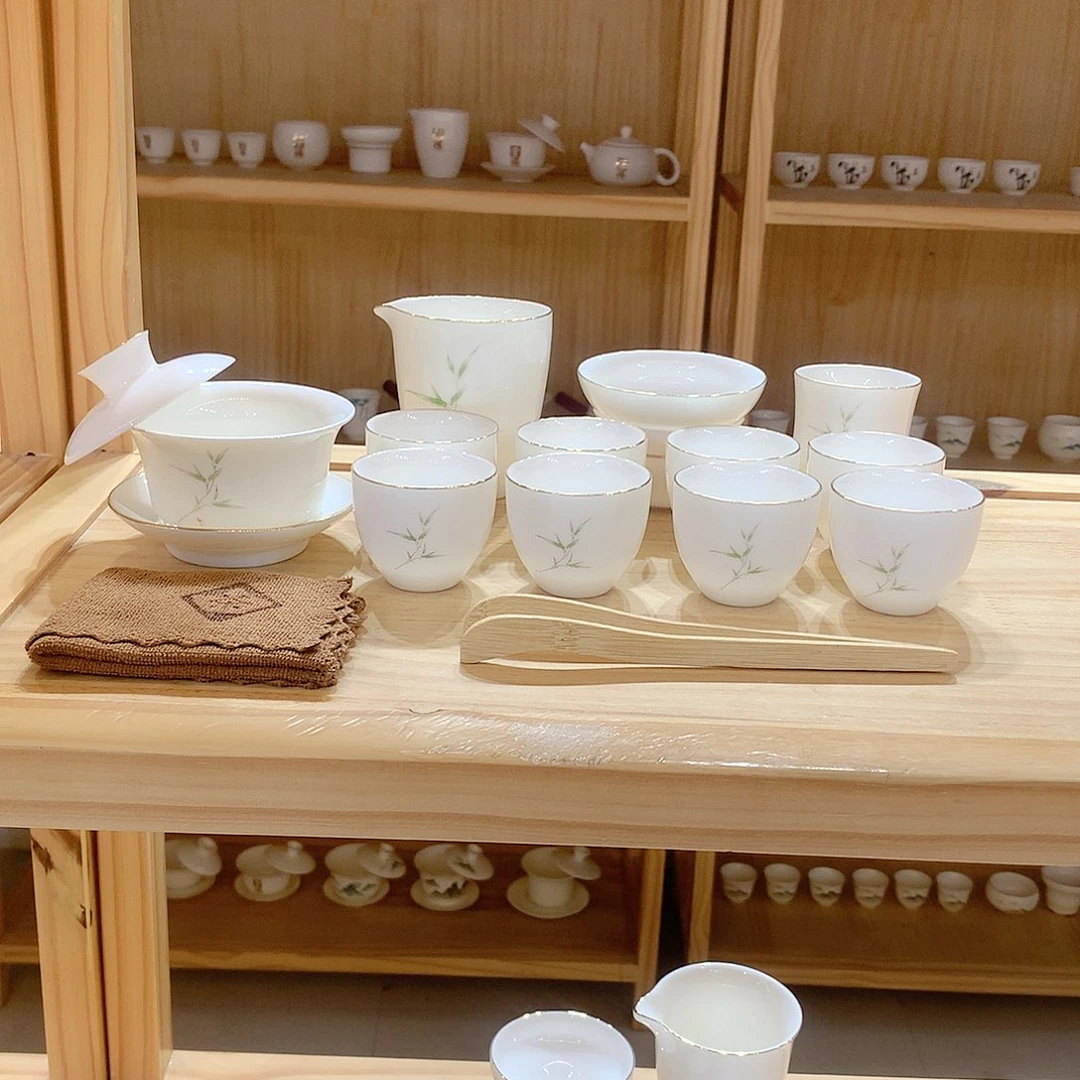 羊脂玉瓷竹报平安15件套功夫茶具