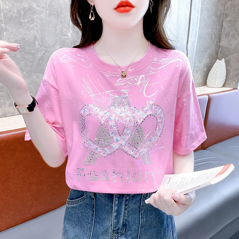 2025夏季新款时尚欧货圆领烫钻甜美休闲T恤女装宽松显瘦百搭上衣
