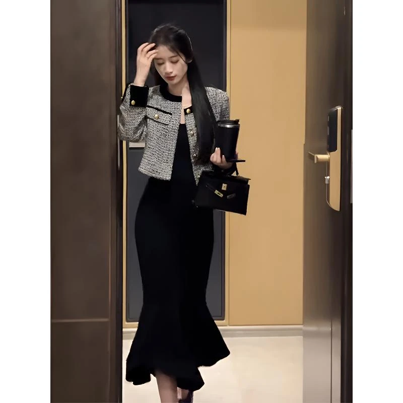 小香风套装女2025春秋新款时尚气质粗花呢短外套吊带连衣裙两件套