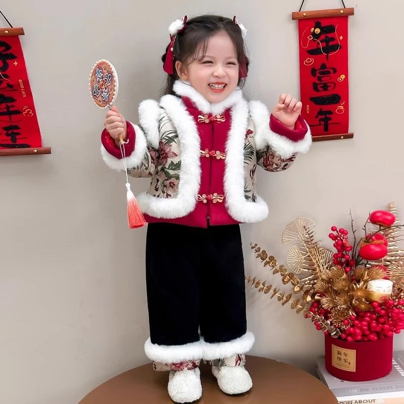 新款公主汉服女童拜年服儿童过年服冬装旗袍秋冬季新年衣服中国风