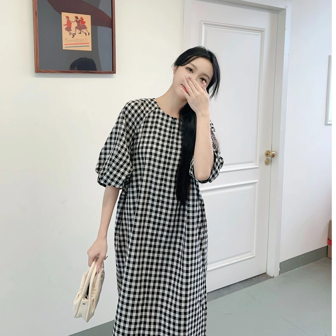 定制款防UV面料格纹棉麻连衣裙 2穿拉链宽松长裙
