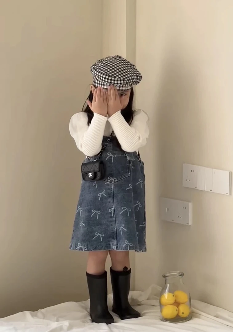 女童加绒牛仔背带裙秋冬季连衣裙韩版洋气百搭裙时髦裙小童蓝色