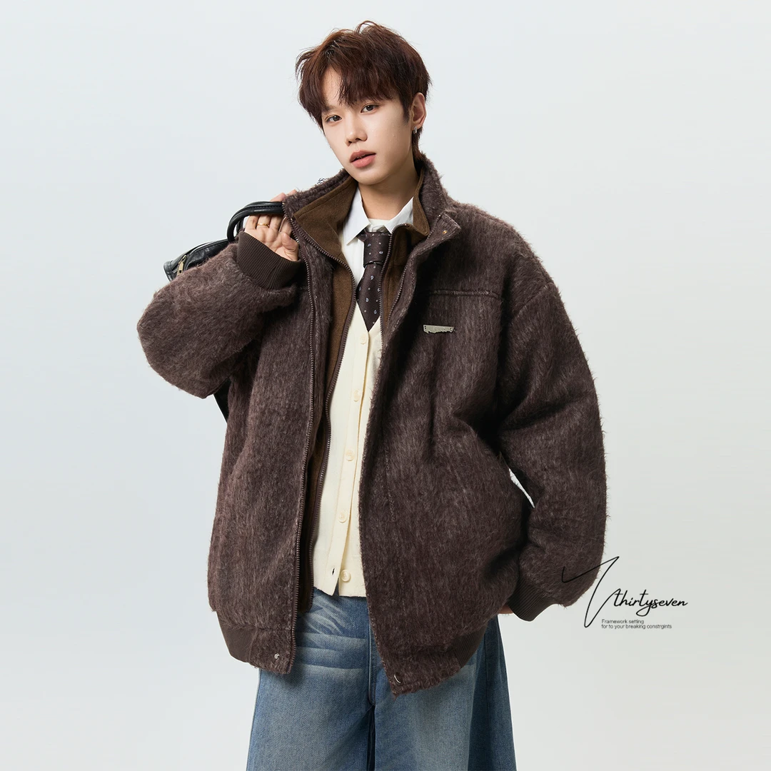 V37美式重磅复古咖色假两件棉衣男冬季高街痞帅宽松休闲保暖外套