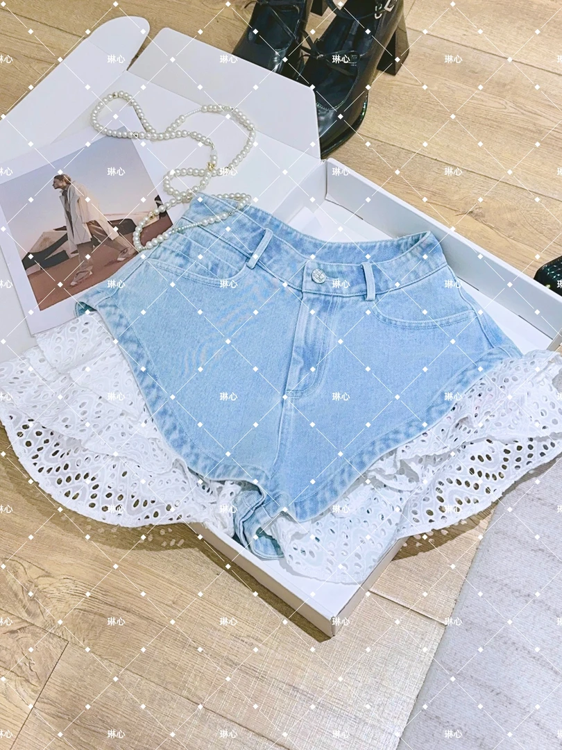 琳心丨春季新款气质时尚百搭高腰双层蕾丝边短裤 1376