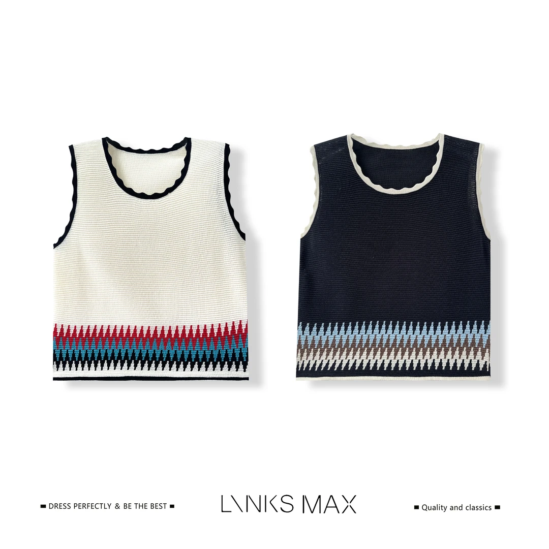 Links Max【可可专属】天丝亚麻波浪底提花撞色无袖针织马甲60919