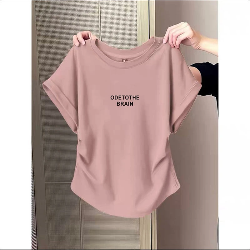 小飞袖褶皱正肩短袖t恤女2025新款不规则收腰显瘦上衣打底衫夏季