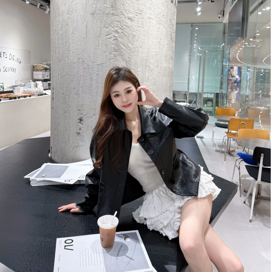 一只美娜【炸场皮衣】25春款皮衣短款时尚百搭设计款韩版显瘦气质