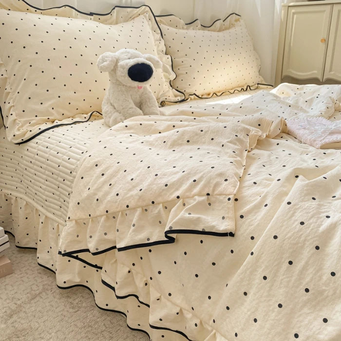 新款法式亲肤云感棉双层纱花边被套四件套床盖防滑春秋被罩四件套