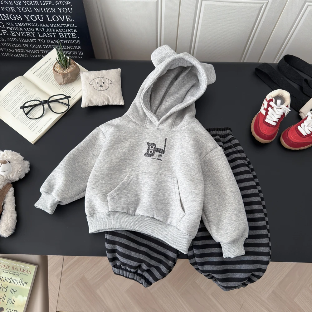 【加绒加厚】儿童卡通洋气连帽卫衣套装2025冬季加绒宽松上衣潮1